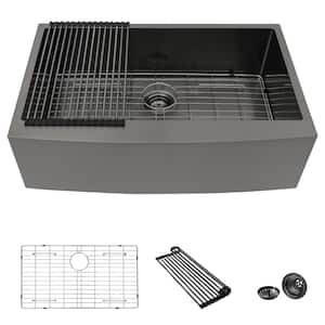 36 in. Gunmetal Black 16-Gauge Farmhouse Apron Front Single Bowl Stainless Steel Kitchen Sink with Bottom Grid