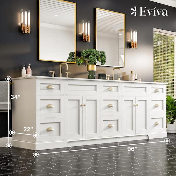 Epic 96 in. W x 22 in. D x 34 in. H Double Bathroom Vanity in White with White Quartz Top with White Sinks