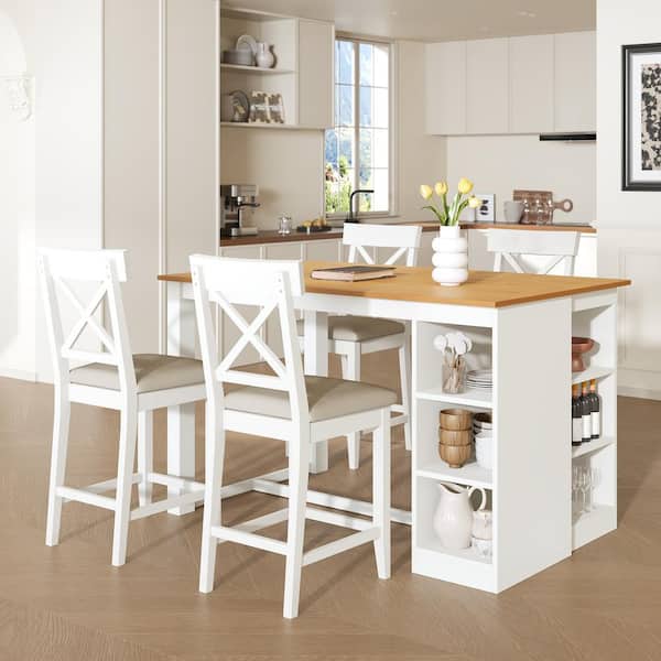5-Piece Farmhouse Natural/White Wood Top Dining Room Set Seats 4