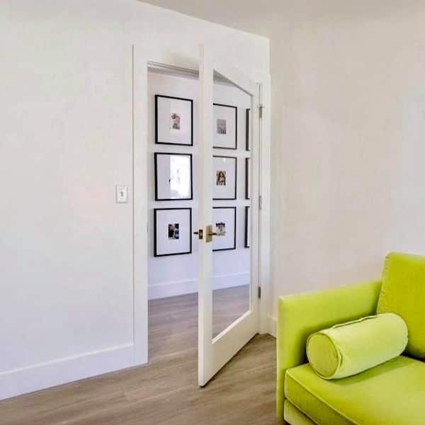 32in. x80in. 1-Lite Right-Hand Clear Glass MDF Primed Single Assembly Required Interior Door Kit w/ Quick Assemble Jamb