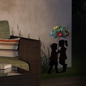 39 in. Tall Outdoor Solar Powered LED Lights Girl and Boy Silhouette with Umbrella Yard Statue