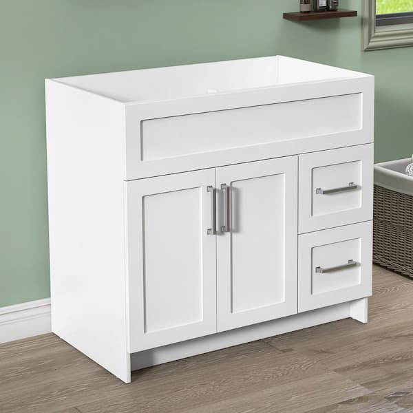 Unassembled 36 in. W MDF Bath Vanity Cabinet without Top in White Dove with 2-Right Drawers and 2-Left Door Soft Closing