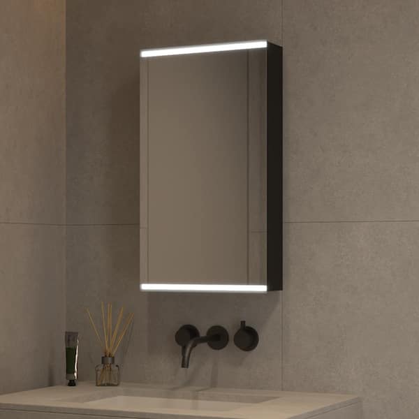 tunuo 15 in. W Wx 26 in. H Rectangular Aluminum Medicine Cabinet with Mirror in Black, LED Light (Left)