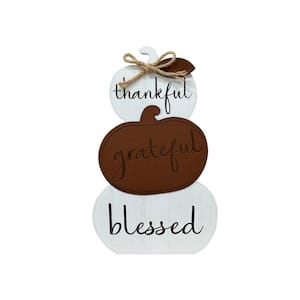 9.5 in. White MDF Harvest Thankful Greteful Blessed Wood Pumpkin Tabletop Fall Decor