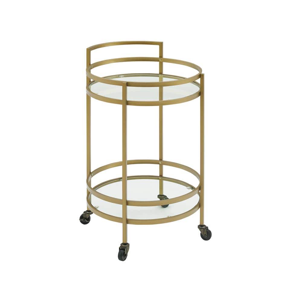 Bailey Modern Round Gold Bar Cart with Tempered Glass Shelves