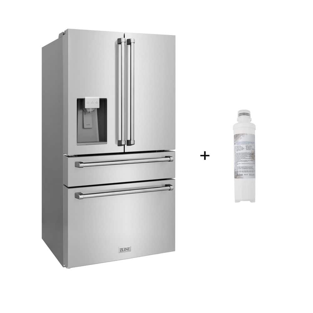 ZLINE Kitchen and Bath 36 in. 4-Door French Door Refrigerator w/ Ice & Water Dispenser in Fingerprint Resistant Stainless Steel w/ Water Filter, DuraSnow Stainless Steel