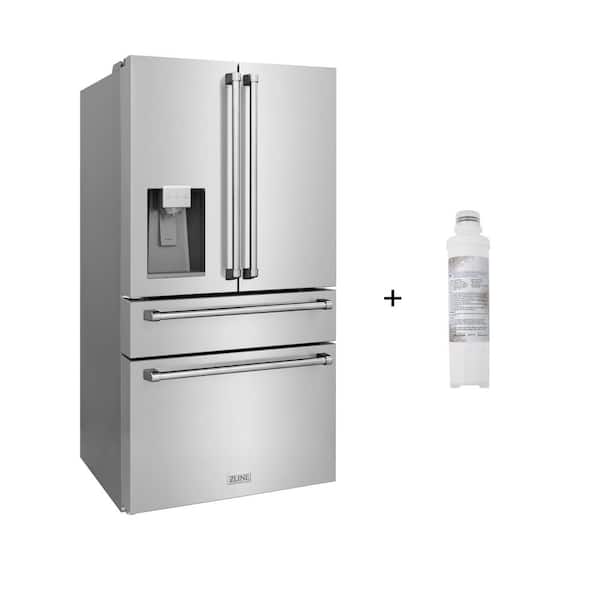 ZLINE Kitchen and Bath 36 in. 4-Door French Door Refrigerator w/ Ice & Water Dispenser in Fingerprint Resistant Stainless Steel w/ Water Filter