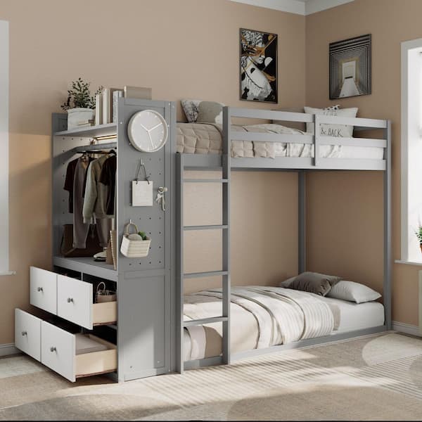 Harper & Bright Designs Gray Twin Size Bunk Bed with Light Strip, Built ...