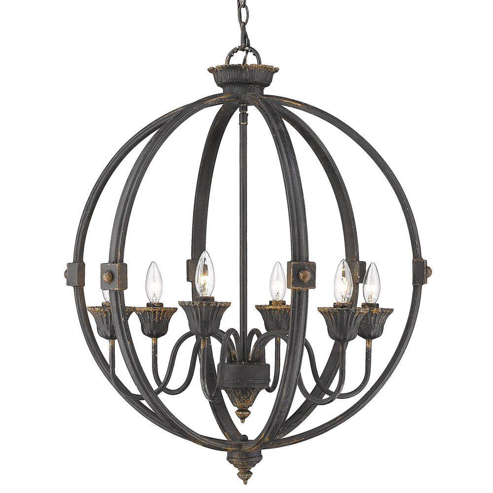 Antique Black Iron Sphere Chandelier with Rusty Gold Patina