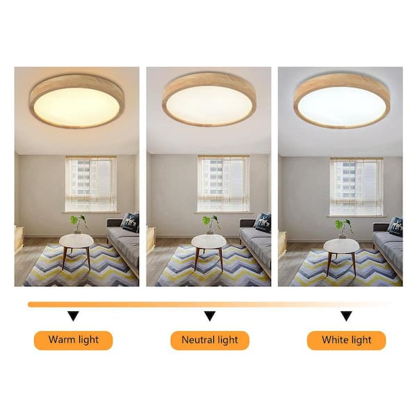 OUKANING 15.74 in. Log Color Wood Dimmable Flush Mount LED Ceiling