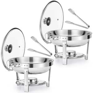 2 Pack 5 qt Stainless Steel Round Chafing Dishes Buffet Set with Glass Lid & Lid Holder