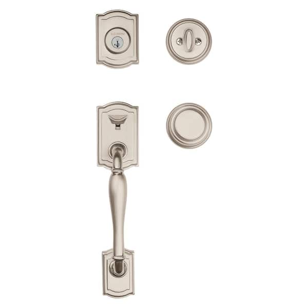 Baldwin Prestige Wesley Single Cylinder Polished Brass Exterior Door Handleset and Alcott Entry Knob Featuring SmartKey Security Baldwin Prestige Wesley Single Cylinder Polished Brass Exterior Door Handleset and Alcott Entry Knob Featuring SmartKey Security