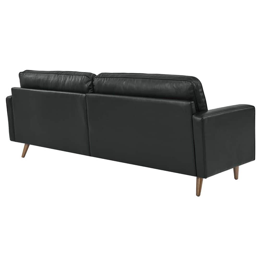 Luxurious 88" Black Leather Tufted Sofa with Walnut Wood Legs and Ottoman