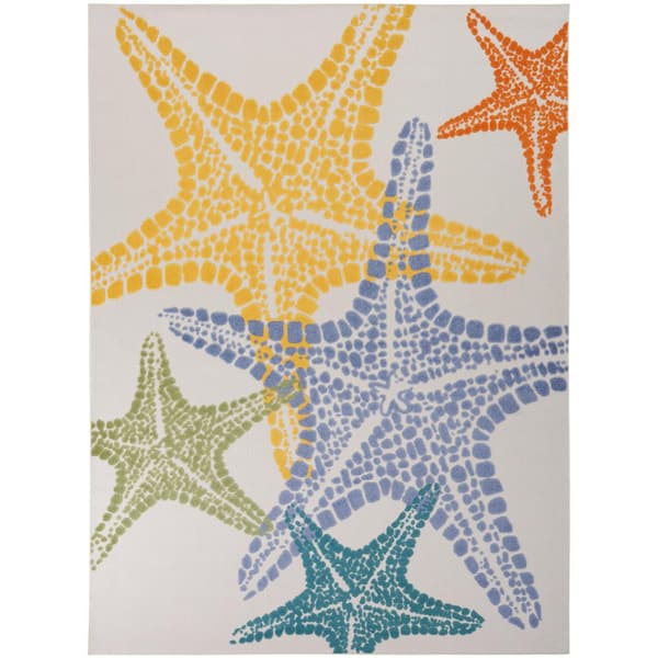 Nourison Aloha Multicolor 8 ft. x 11 ft. Coastal Starfish Contemporary Indoor/Outdoor Patio Area Rug