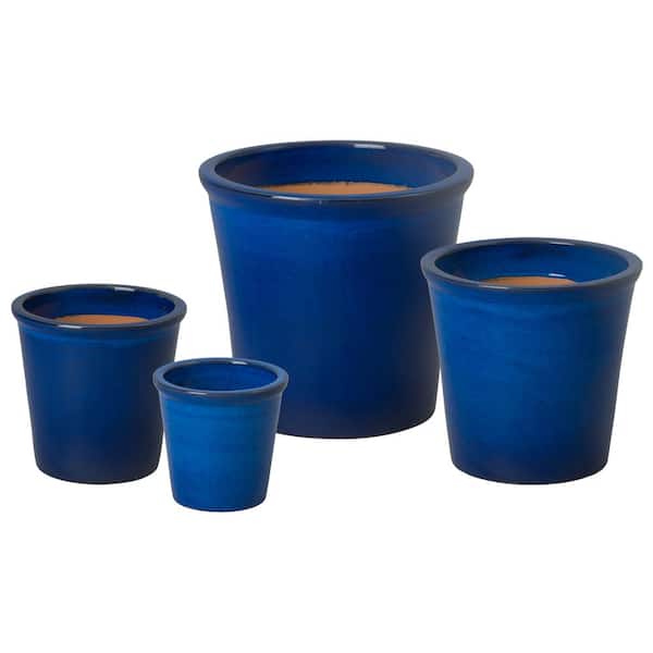 Pail 7in., 10in., 12in., 15in. H Blue Ceramic Round Planters with Drainage holes (Set of 4)