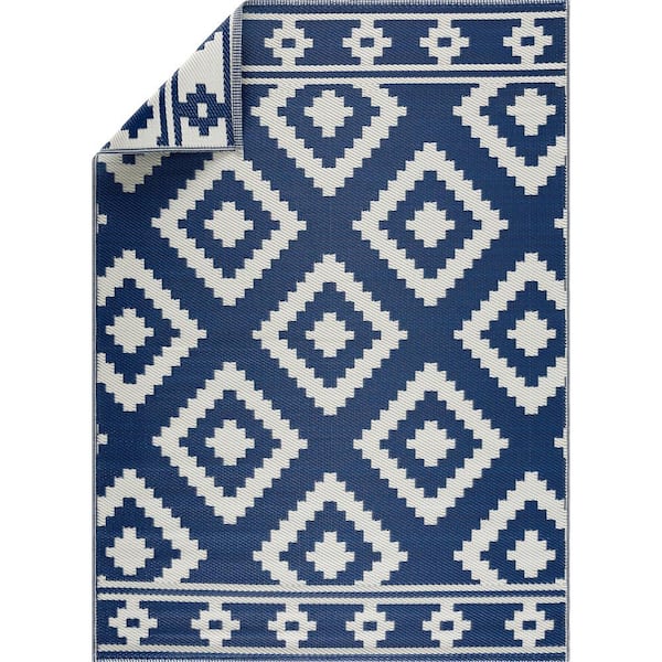 PLAYA RUG Milan Design Navy and Creme 5 ft. x 7 ft. Size 100% Eco-friendly Lightweight Plastic Indoor/Outdoor Area Rug