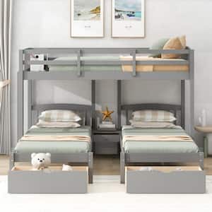 Gray Twin over Twin and Twin Wood Triple Bunk Bed with Built-in Middle Drawer, Top Storage Shelf, 2 Under-Bed Drawers