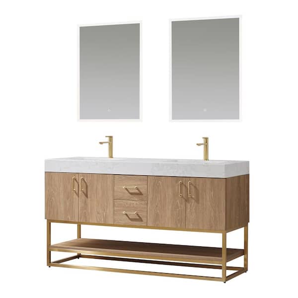 Alistair 60 in. Bath Vanity in North American Oak with Grain Stone Top in White with White Basin and Mirror