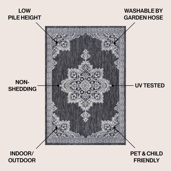 Arden Vintage Casual Medallion Dark Gray/Cream 3 ft. x 5 ft. Indoor/Outdoor Area Rug