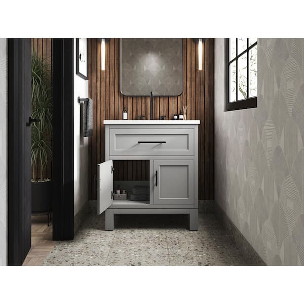 KOHLER Quo 31in. Single Sink Freestanding Mohair Grey Bath Vanity with White Quartz Top Assembled