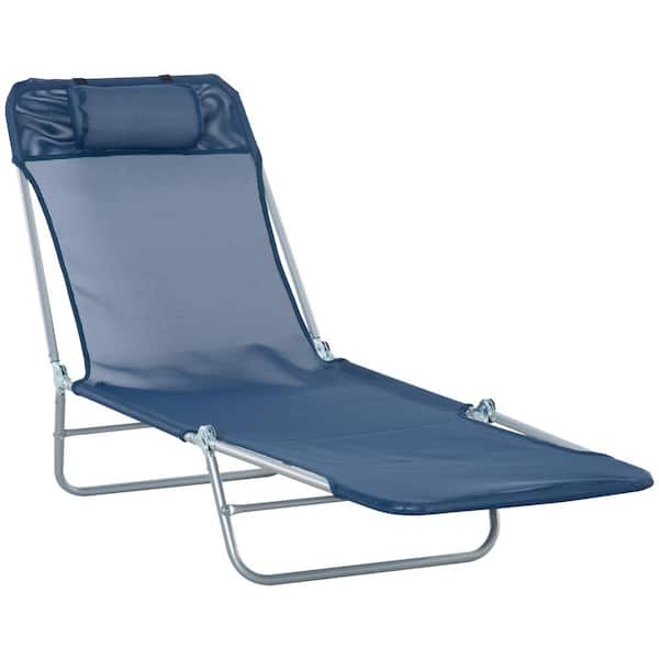 Zeus & Ruta Blue Outdoor Folding Chaise Lounge Chair Fully Flat for Beach with Pillow and 6-Position Reclining Back for Beach, Patio
