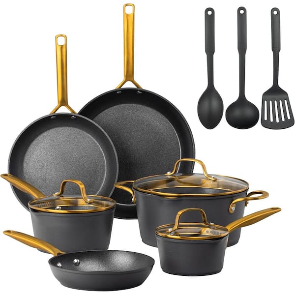 14-Pieces Hard Anodized Aluminum Armor Max Gold Heavy Duty 4-Layer Ultra Release Nonstick Cookware Set