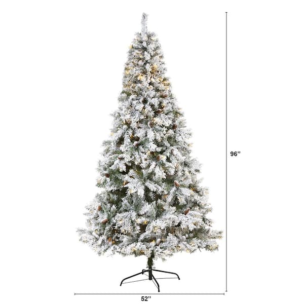 Nearly Natural 8 Ft. White Pre-Lit Flocked River Mountain Pine Artificial Christmas Tree With Pine Cones And 500 Clear Led Lights T1766