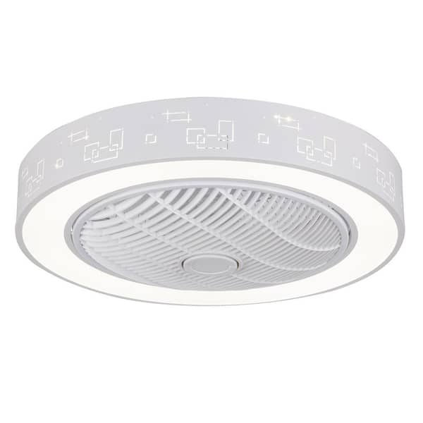 OUKANING 23 in. Indoor White Modern Round Enclosed Low Profile Dimmable Ceiling Fan with 3-Color Integrated LED and Remote