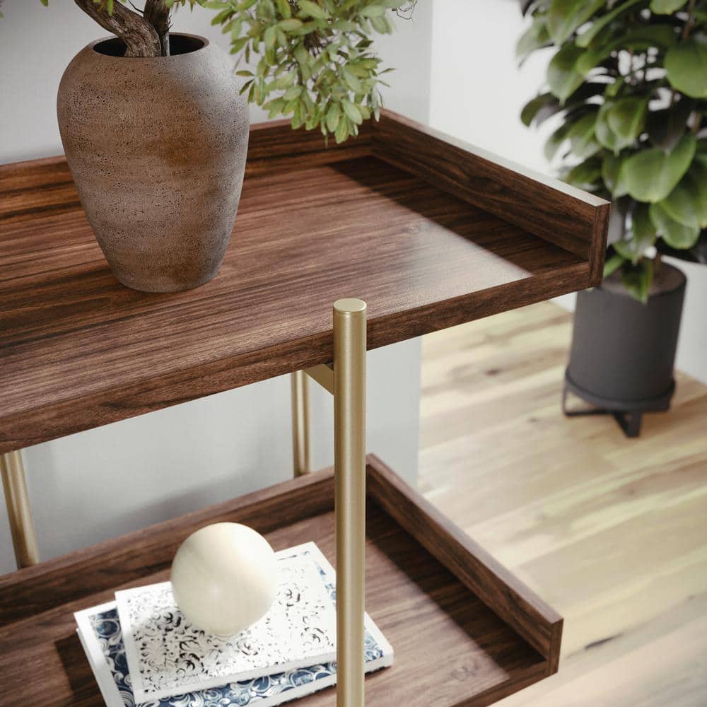 Walnut Wood Grain 3-Shelf Bookcase with Polished Brass Frame