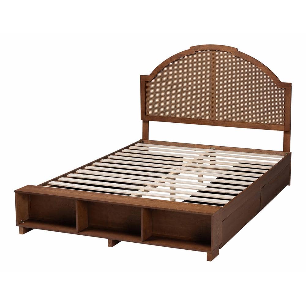 Walnut Brown Queen Bed with Rattan Headboard and Storage Drawers