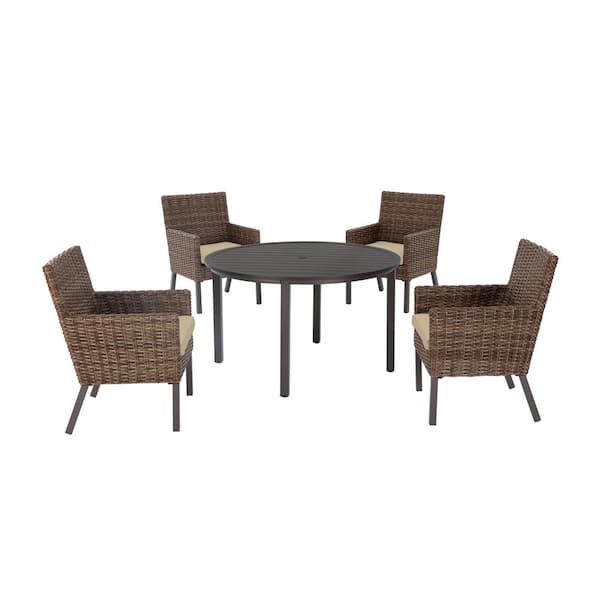 Hampton Bay Fernlake 5-Piece Brown Wicker Outdoor Patio Dining Set with  CushionGuard Putty Tan Cushions H185-01202400 - The Home Depot