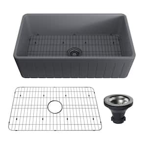 33 in. Farmhouse/Apron-Front Single Bowl Matte Gray S2 Fine Fireclay Kitchen Sink with Bottom Grid and Strainer Basket