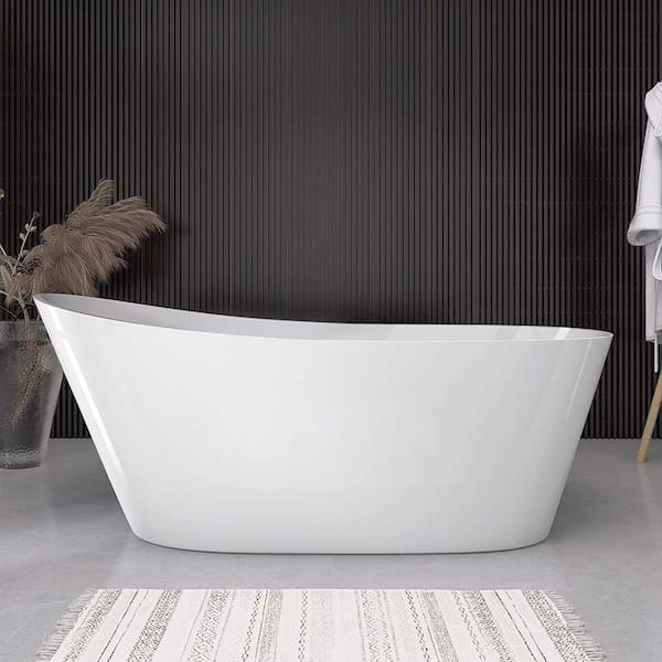 67 in. x 29.5 in. Acrylic Flat Bottom Free Standing Bath Tub Oval Freestanding Soaking Bathtub with Side Drain in White