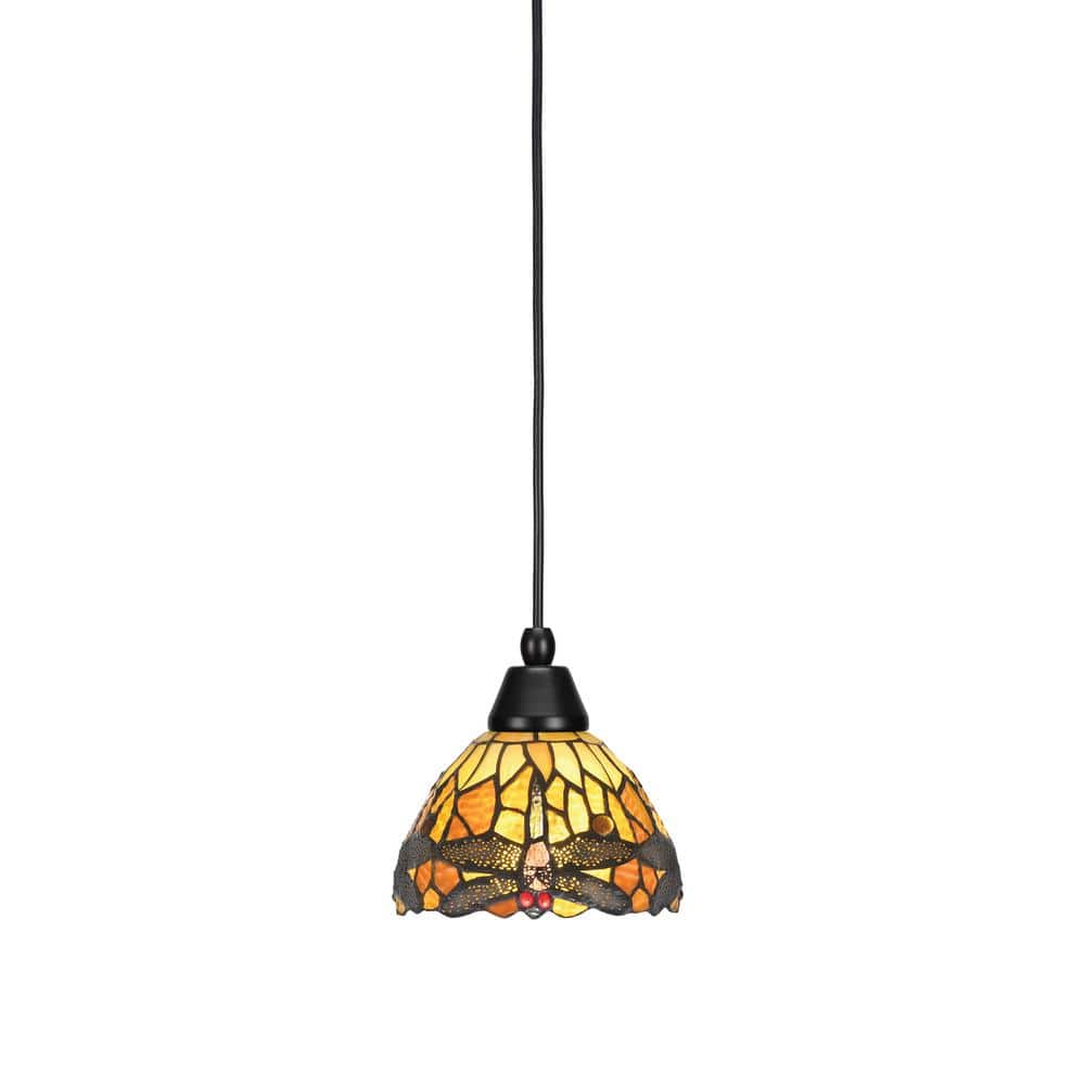 Bryson 7 in. 1-Light Matte Black Cord Pendant Light with 7 in. Amber Dragon