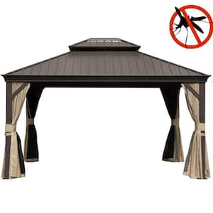 10 ft. x 12 ft. Brown Outdoor Aluminum Gazebo with Galvanized Steel Double Canopy Curtains and Netting for Deck Backyard