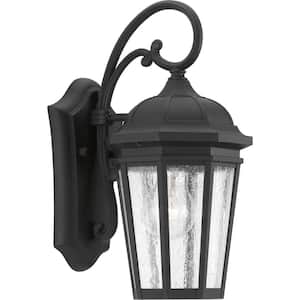 Verdae Collection 1-Light Textured Black Clear Seeded Glass New Traditional Outdoor Small Wall Lantern Light
