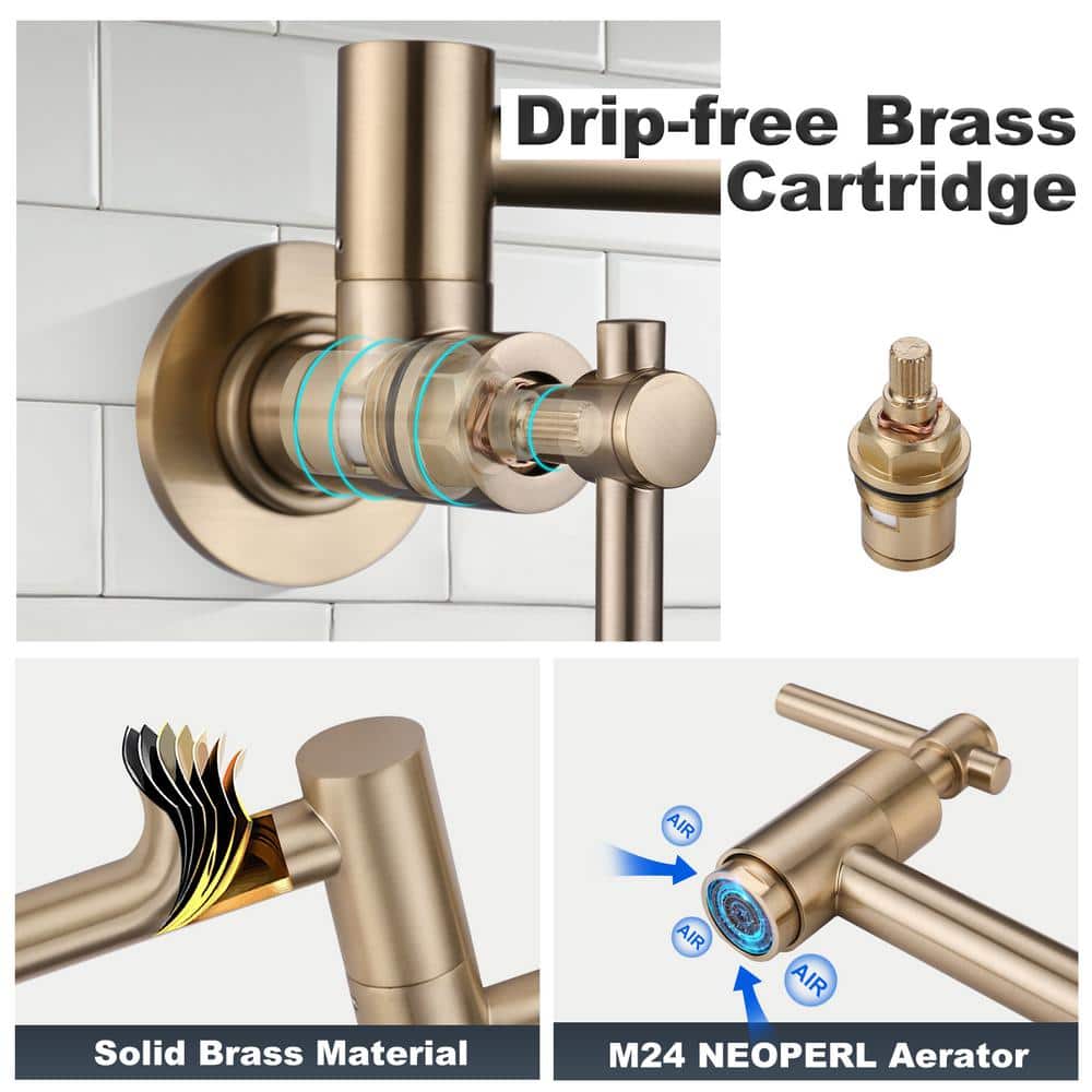 Brushed Gold Brass Wall Mount Double Handle Pot Filler Faucet
