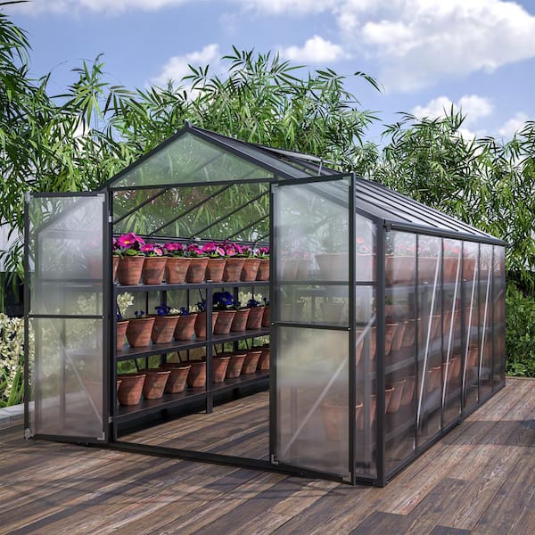 GHgo, 8 x 12 ft. Polycarbonate, Walk-in Greenhouse with Double Doors and Two Ventilation Windows, Aluminum Frame, Black