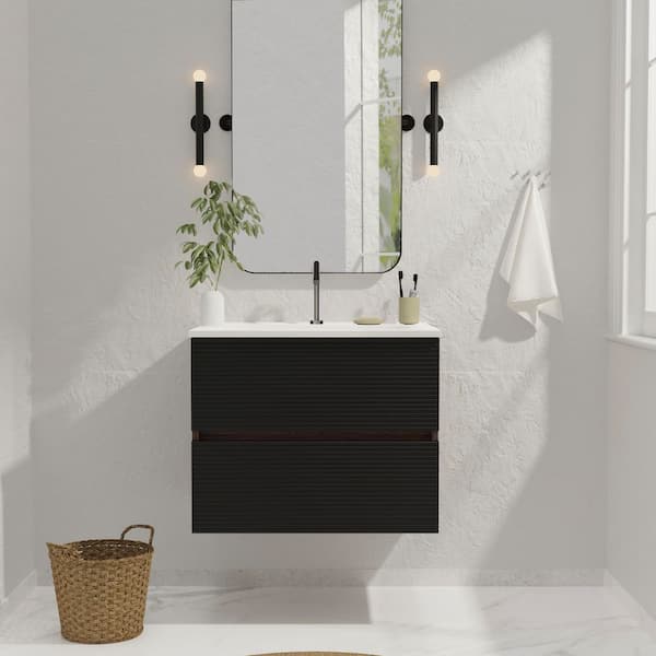 24 in. Wall-Mounted Floating Bath Vanity in Walnut and Black with Single Ceramic Sink Top in White