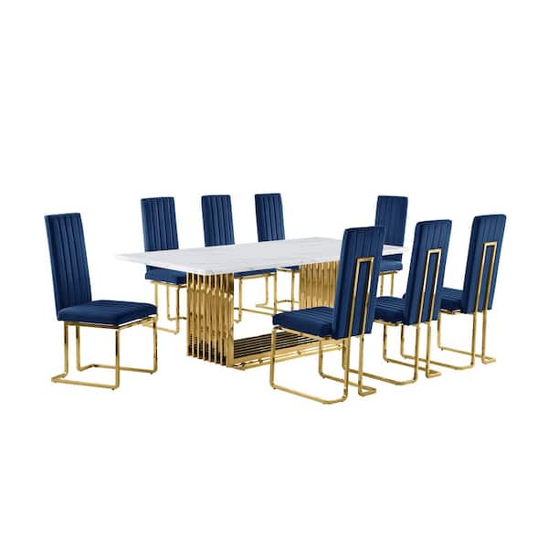 Lisa 9-Piece Rectangle White Marble Top Gold Stainless Steel Dining Set With 8-Navy Blue Velvet Gold Chrome Iron Chairs
