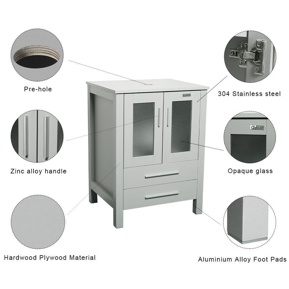 Gray MDF Single Sink Bath Vanity with White Ceramic Top and Chrome Faucet