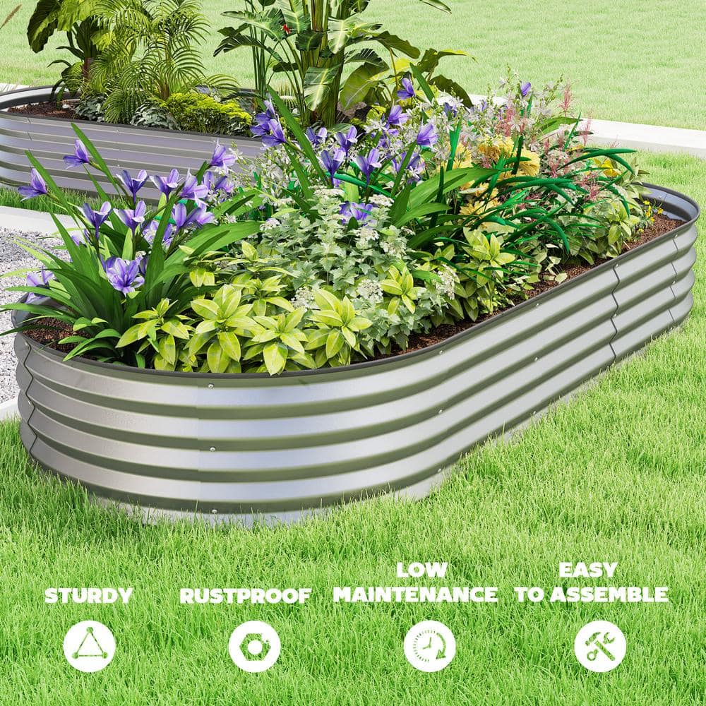 Silver Galvanized Steel Raised Garden Bed Set with Metal Plant Stakes