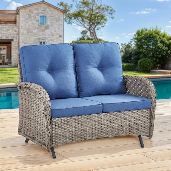 moosprr Gray PE Wicker Outdoor Loveseat with Blue Cushions and Glide Function