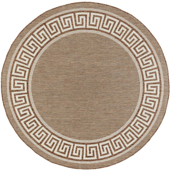 Eco Greek Key Brown 8 ft. Round Indoor/Outdoor Area Rug