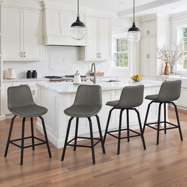 37 in. YANNISH Deep Gray Faux Leather Counter Height Stool Metal Frame Double-cushioned Swivel Bar Stool(Set Of 4)