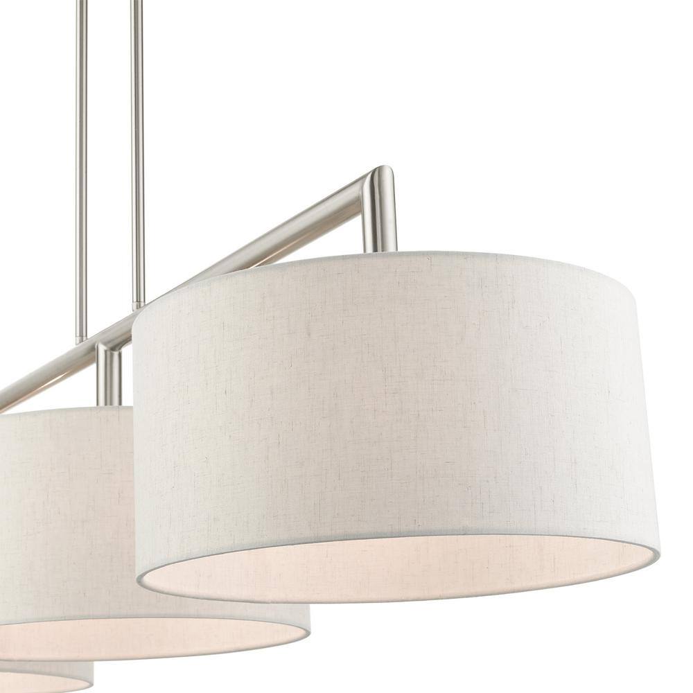 Meridian Brushed Nickel 3-Light Linear Chandelier with Oatmeal Shades