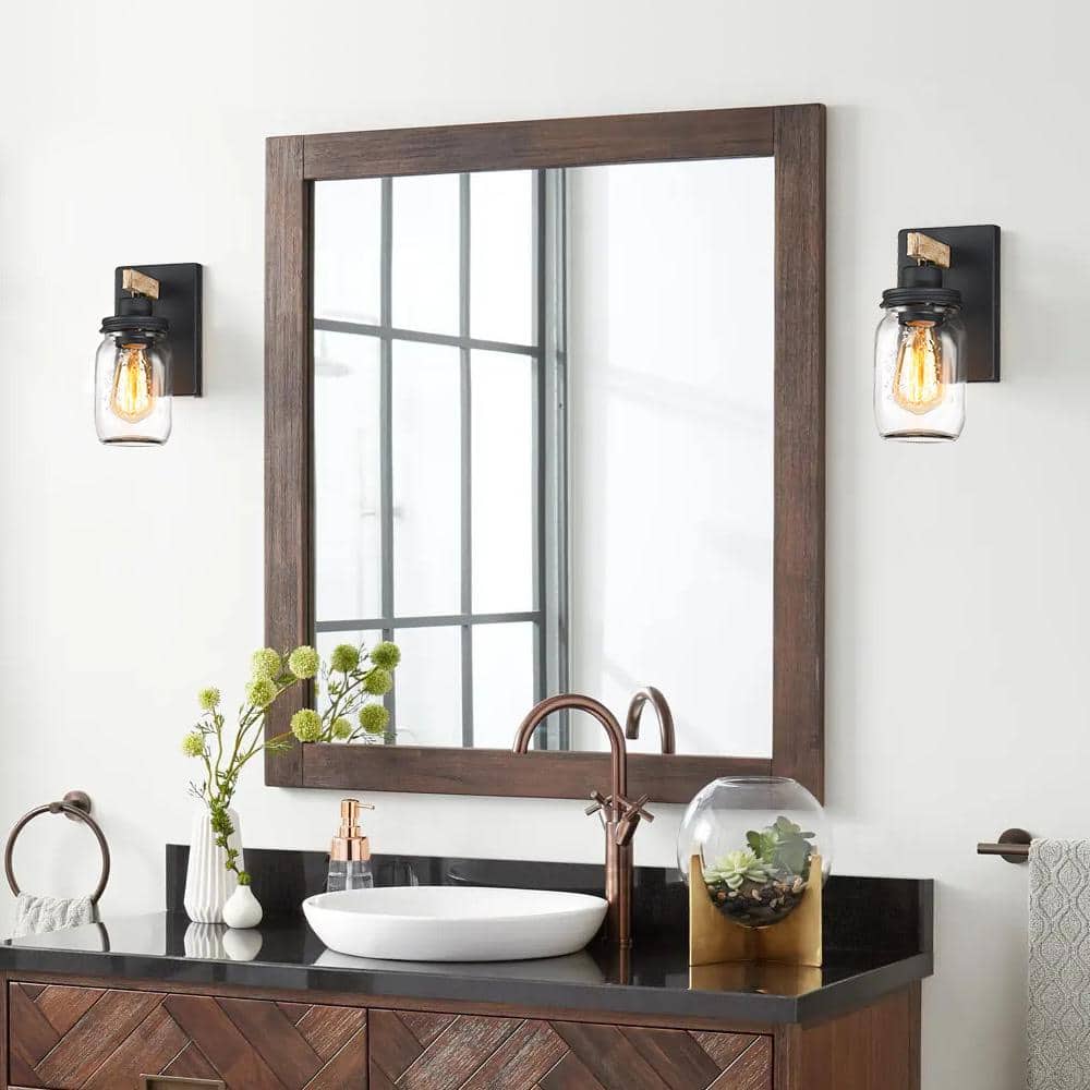 Black and Wood Rustic Farmhouse Mason Jar Wall Sconce
