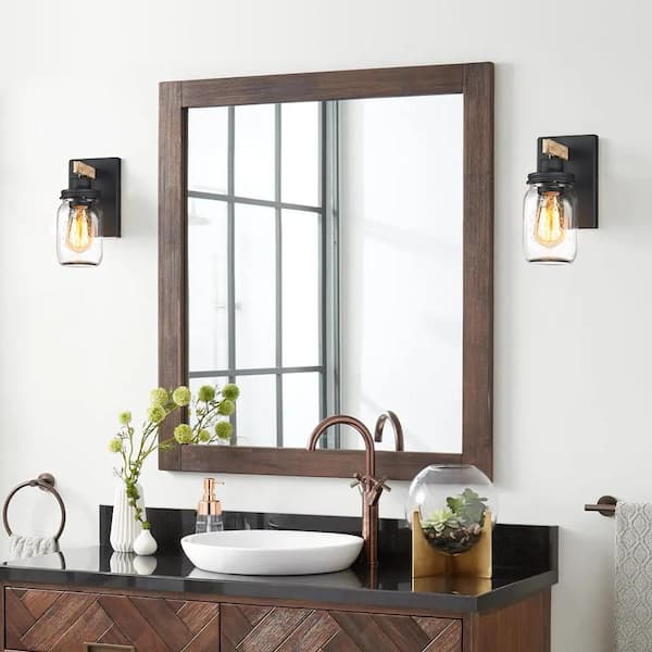 Eliton 1-Light Black/Wood Tone Rustic Farmhouse Wall Sconce with Clear Mason Jar Glass Shades