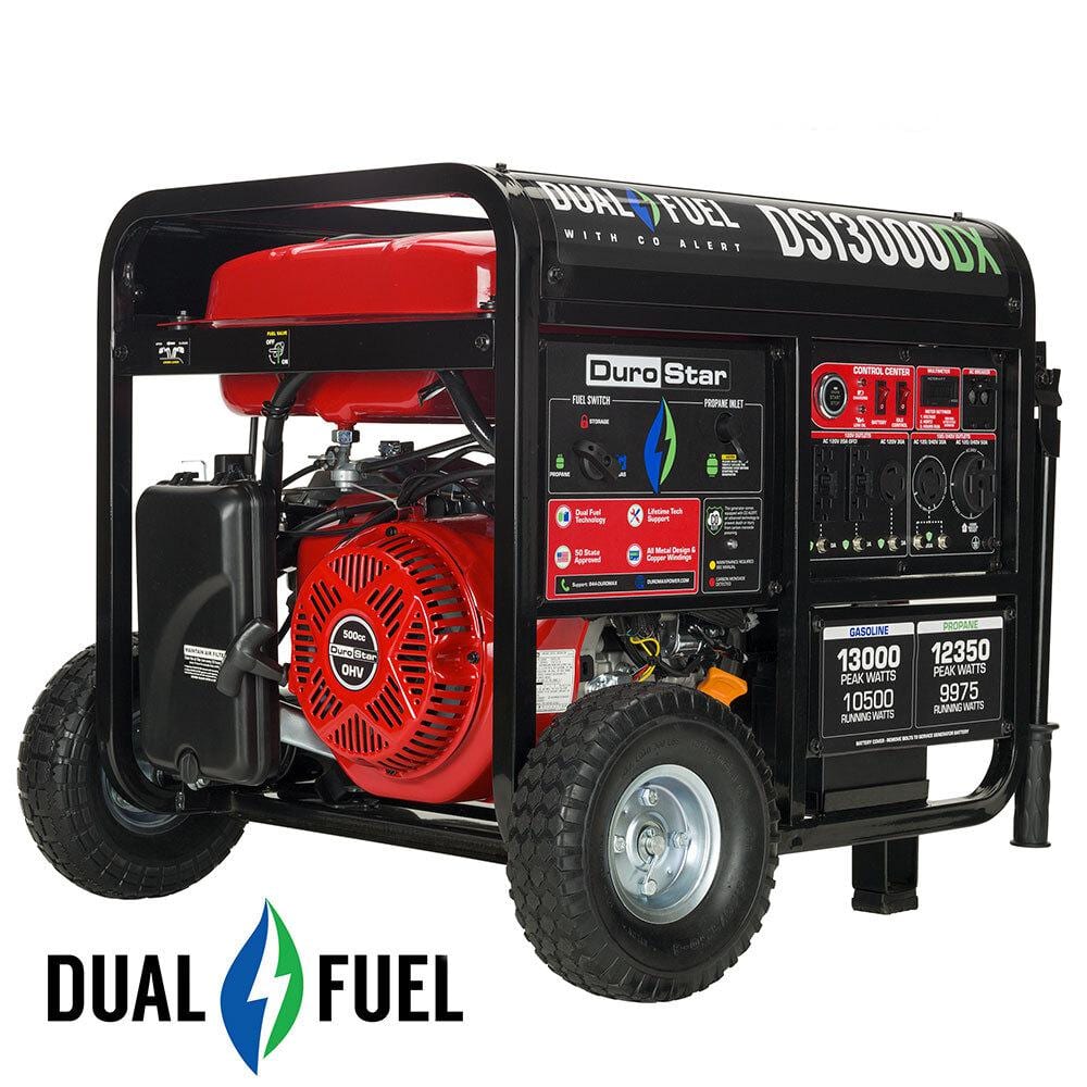 Durostar 13 000 10 500 Watt 500 cc Electric Dual Fuel Gasoline Propane Portable Home Power Backup Generator with CO Alert DS13000DX The Home Depot