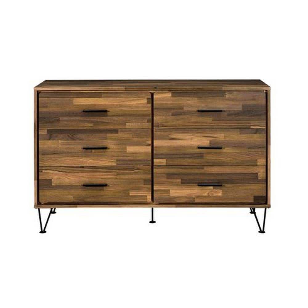 Double Horizontal Brown Dresser with Butcher Block Pattern and Metal Accents